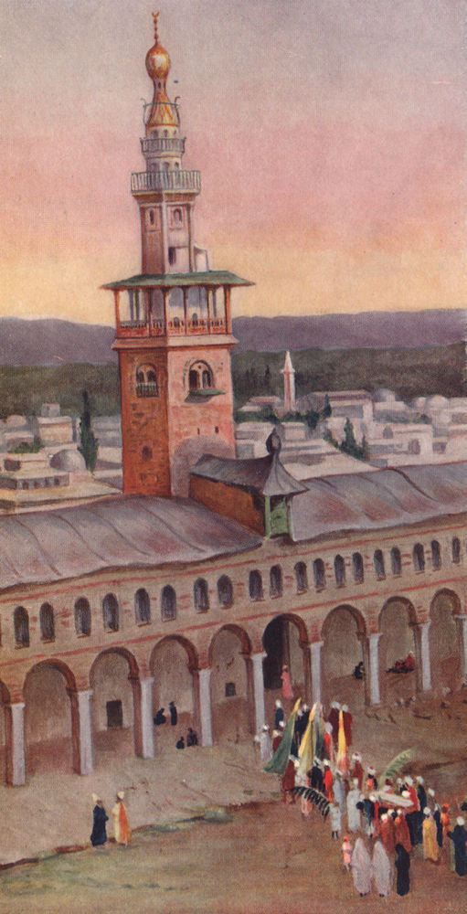 'Court of the Great Mosque, Damascus' by Margaret Thomas. Syria 1908 old print